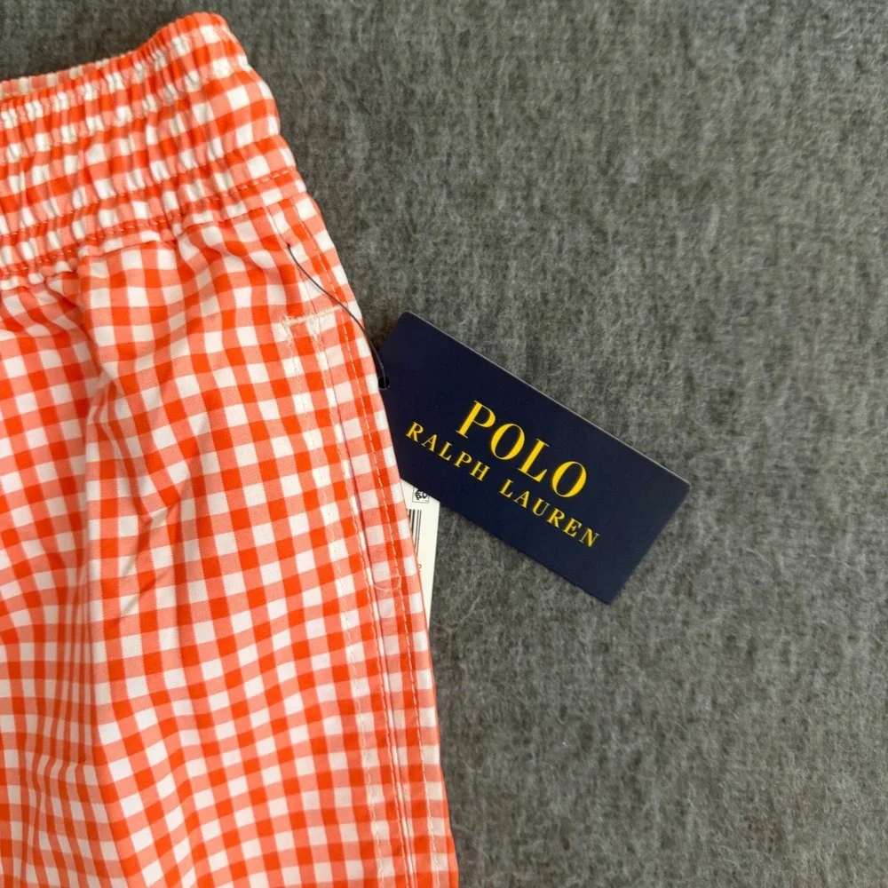 NEW Polo Ralph Lauren Swim Trunks Men 4XB Orange Gingham Check Drawstring NWT